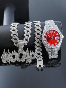 1 Set Alloy Full Diamond Letter "NOCAP" Pendant 15mm Rhombus Cuban Chain Necklace, Bracelet, Blue Watch, Personalized Men's Hip Hop Style Accessories - Red - View 1