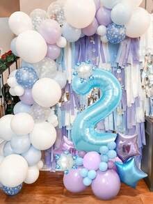 26pcs Ice & Snow Themed Blue Number Birthday Balloon Set, Includes 40-Inch Pearl Blue 0-9 Number Foil Balloons, Snowflake And Purple/Blue Star Foil Balloons, Macaron Purple/Blue Latex Balloons, Suitable For Winter Theme Party Decor, Princess Birthday Party, Winter Birthday Party, Christmas Decor, Christmas Party Supplies, Frozen Theme, Decorations - Multicolor - View 6