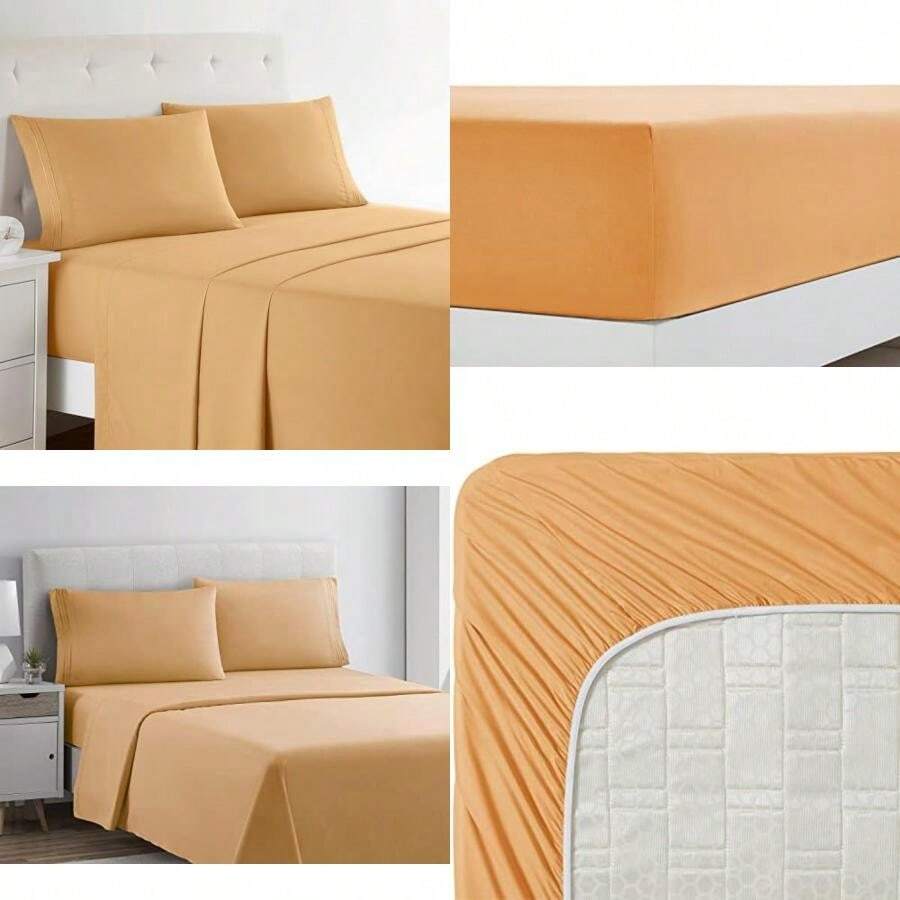 CLARA CLARK Premier 1800 Collection Hoja de Cama Set, Juego de sábanas 4 Piezas, Camel Gold, Talla(Chabacano California King) - Tipo 26 - Ver 1