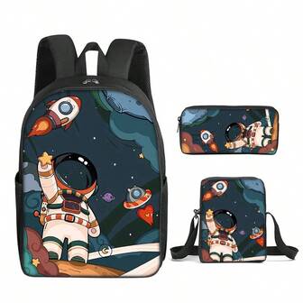 Astronaut Pattern Printed 16-Inch Backpack Three Pieces Set (Single-Layer Backpack + Small Satchel + Single-Layer Pencil Case)