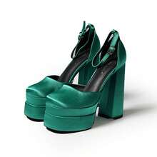 Women Platform Block Heel Ankle Strap Pumps – Closed Round Toe Chunky High Heel Party Shoes For Wedding, Work, Prom, Night Out & Holiday Events - 薄荷綠 - 查看 6