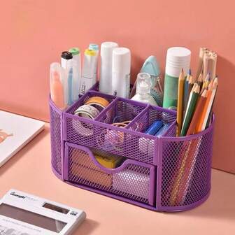 创意铁九收纳笔筒黑色金属网桌面收纳盒节省空间带抽屉文具收纳盒学校