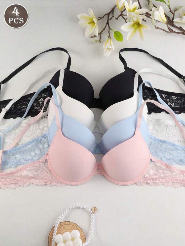 4 Packs Women's Sexy Lace Push-Up Bra - High Support, Non-Padded, Adjustable Straps With Floral Lace Detailing, Available In Black, Red, Nude, And White, Special Occasion Lingerie | Sexy Lingerie | Non-Removable Padding