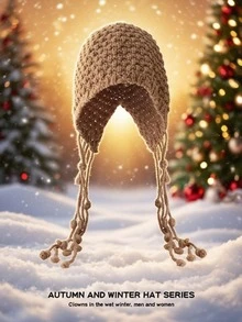 1pc Handmade Hollow-Out Wool Beanie Hat, Women Tasseled Ear Warmer Knitted Cap, Suitable For Christmas And Daily Wear, Autumn/Winter - Multicolor - View 17