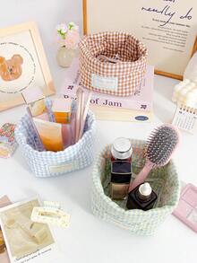 1pc Stylish Plaid Pattern Desktop Storage Basket, Desk Organizer Basket For Makeup Brushes, Cosmetics, Decorative Items, Earphones, Lipsticks, Portable For Picnic - Multicolor - View 6