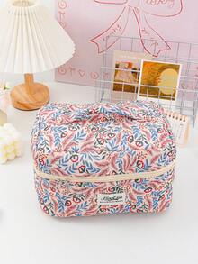 1 Piece Vintage Flower Pattern Cosmetics Bag Quilted Design Makeup Handbag Print Travel Cosmetics Bag Large Capacity Home Sundries Organizer Bag Set - Brown - View 13