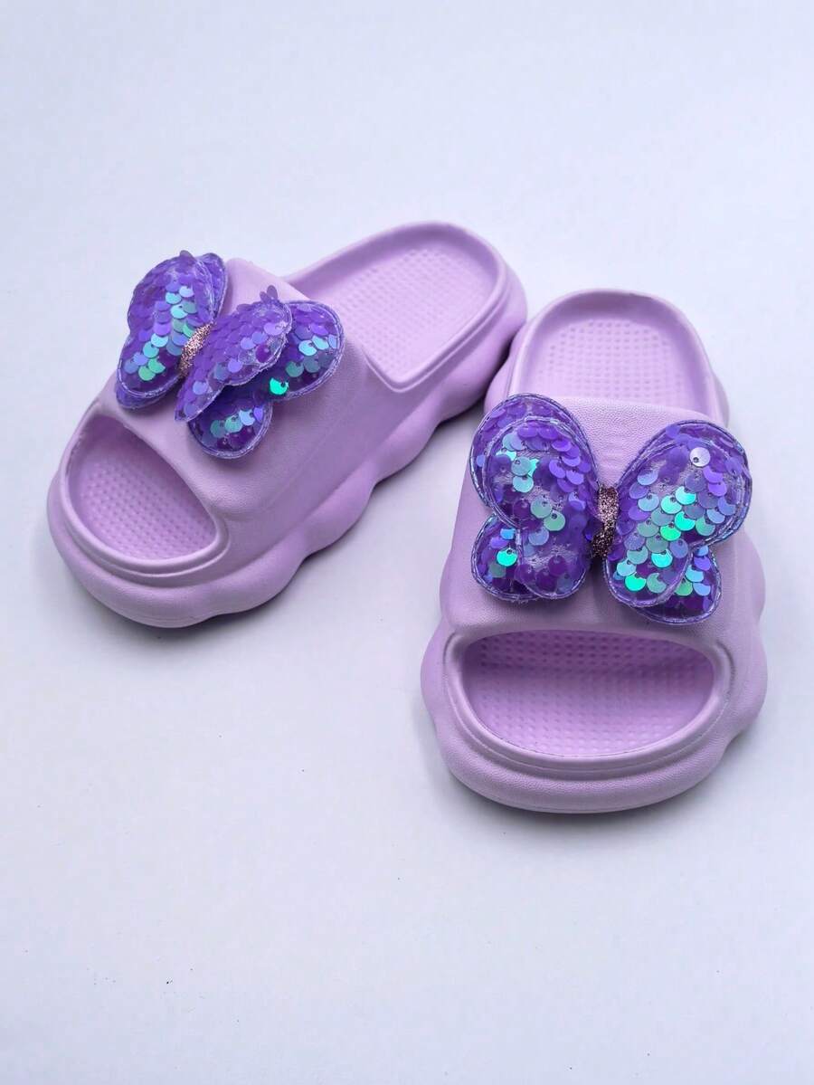 Pantuflas casuales de niña con lazo de lentejuelas, pantuflas de moda con suela suave y cómoda, aptas para uso interior y exterior