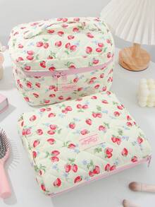 1 قطعة/مجموعة حقيبة مكياج ذات سعة كبيرة بطبعة فراولة جميلة، حقيبة مستحضرات تجميل محمولة باليد، حقيبة تخزين نظارات من قماش ناعم مبطن بتصميم مبطن مع إغلاق بزر للسفر - أصفر - مشاهدة 16