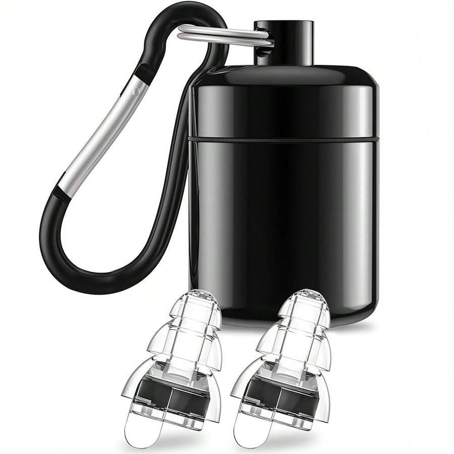 1Pair High Fidelity Earplugs,Highly Transparent Reusable,With Metal Keychain Carrying Case,Comfortable Soft Noise Attenuating Ear Plugs, For Professional Work And Industrial Use,Workplace Earplugs,Compact Case,Comfortable Fit,Soft Silicone,Soft Comfortable Ear Protection For Musicians,Festival-Goers,Motorcyclists, And More - Uncorded,Uncharged - Black - View 1