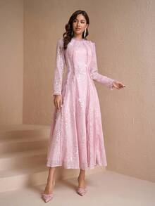 French Vintage Luxurious Sequins Embroidered Mesh Ruffle Trim Fitted Stylish Young Women Dress