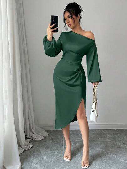 abyoxi Vestido de satén elegante de unicolor con cuello asimétrico, manga larga, cintura plisada a mano, sexy, para citas, fiestas, sencillo, nueva ropa de mujer