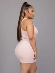 Plus Size Rib Knit Split Neck Bodycon Dress, Elegant Women's Plus Size Clothing For Summer - 臉紅 - 查看 2