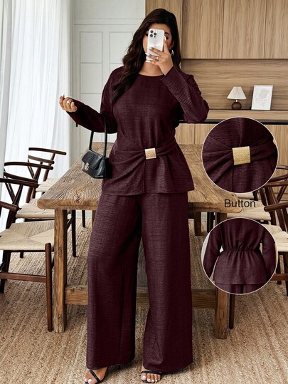 Doriss Minimalistischer 2 Stücke Anzug in Große Größen mit Taillenzug und Metallschnalle, einfarbig, dezent, Hochzeitssaison, Valentinstag Outfit, Herbst Winter, Weiße Party Veranstaltung, Halloween