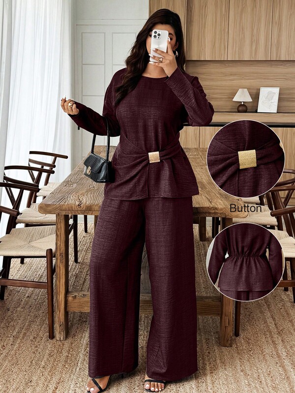 Conjunto minimalista Doriss de 2 piezas con hebilla metálica decorativa para la cintura, talla grande, unicolor, modesto, para temporada de bodas, Día de San Valentín, otoño e invierno, eventos de fiesta blanca, Halloween