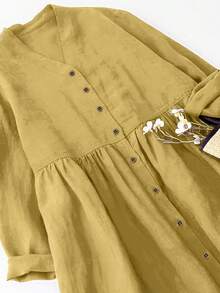 Women's V-Neck Open Front Casual Elegant 3/4 Sleeve Loose Midi Dress, Autumn/Spring