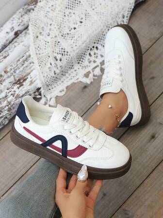 女士平底休闲运动鞋，拼色休闲学院风系带，适合室内外，四季皆宜