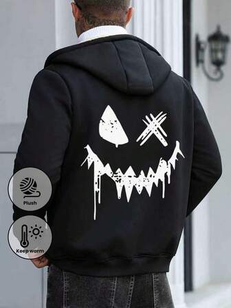 Veste à capuche pour hommes de couleur unie avec cordon de serrage, imprimé au dos, poches zippées, design minimaliste casual, doublure thermique, convient pour le printemps et l'automne