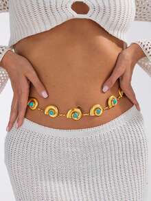1pc Retro Fashion Personalized Micro-Inlaid Imitation Turquoise Seashell Splice Waist Chain, Summer Beach Seashell Splice Waist Chain Imitation Turquoise Personalized Body Chain Skirt Chain, Suitable For Women's Daily, Resort, Party Wear