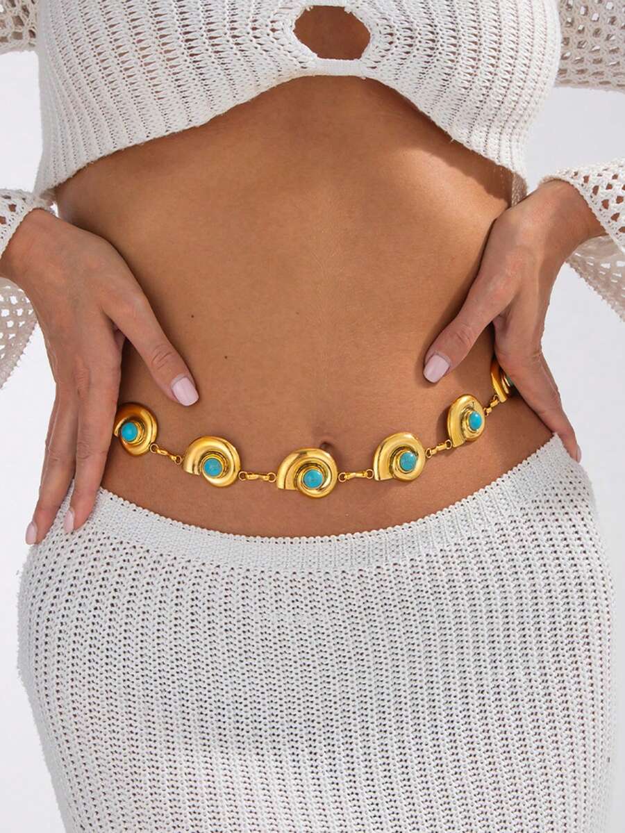 1pc Retro Fashion Personalized Micro-Inlaid Imitation Turquoise Seashell Splice Waist Chain, Summer Beach Seashell Splice Waist Chain Imitation Turquoise Personalized Body Chain Skirt Chain, Suitable For Women's Daily, Resort, Party Wear