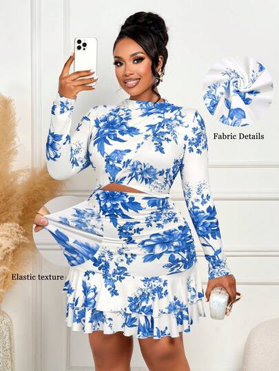 BIUBIU Plus Size Women's Elegant Long Sleeve High Neck Tie-Waist Multi-Layer Printed A-Line Skirt, Autumn/Winter