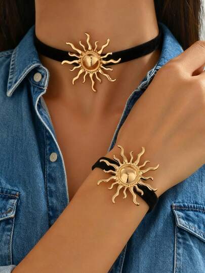 2pcs Punk Sun Choker Necklace + Bracelet Set For Women, Casual Minimalist Jewelry Set Suitable For Daily, Vacation, Date, Gift, Party, Match With Various Outfits