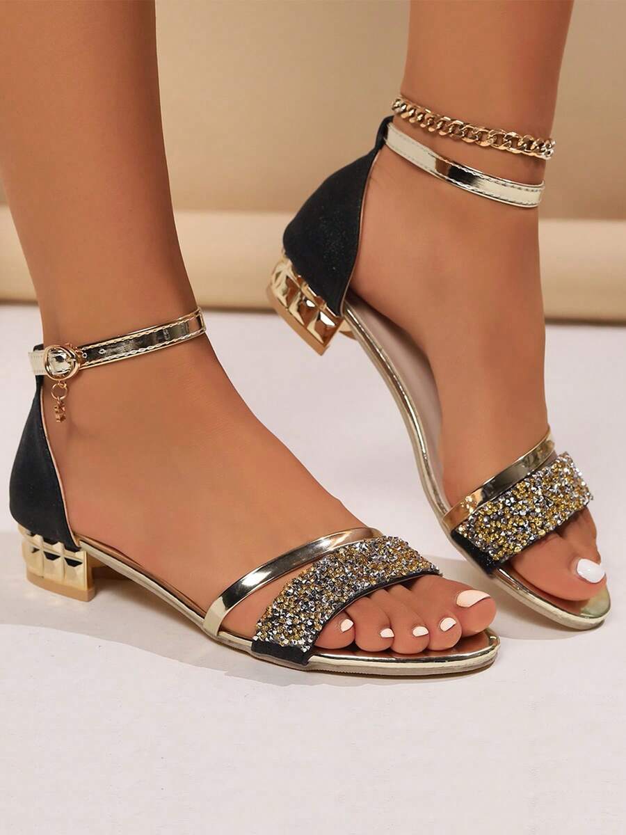 Girls' Sparkling Crystal Flat Sandals, Fashion Buckle Open Toe Casual Party Sexy Glitter Chunky Heel Gold Sandals For Teenagers - Black - View 1
