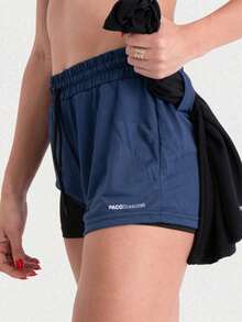 2 Women's Double Gym Shorts With Pocket Bermuda Shorts For Training, Walking And Other Sports - Black+Navy - View 6