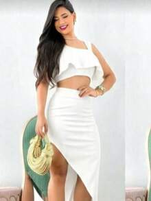 Women's Cropped Set With Ruffle And Skirt - Blanco - Ver 2