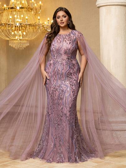 UNITHORSE UNITHORSE [Random Print] Plus Women's Round-Neck Floating Piece Sleeve Slim-Fitting Sequins Evening Dress