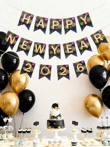 1 套 2026 年新年快乐纸质横幅彩旗、新年悬挂装饰拉旗、新年悬挂横幅、冬季假期新年派对墙面装饰、新年壁炉悬挂装饰、家居装饰、房间装饰、新年派对背景装饰、新年派对用品、2026 年新年快乐装饰 - 新年黑彩煙火 - 查看 9