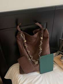 New Solid Color PU Large Capacity Special Metal Chain Hanging Pouch, Soft Fabric, Foldable, Handbag Tote Bag Suitable For Travel, Shopping, Dating, Women's Gift, Suitable For Teenage Girls, College Students, Beginners And White-Collar Workers, Ideal For Office, School, Work, Business, Commuting, Outdoor, Travel, Picnic