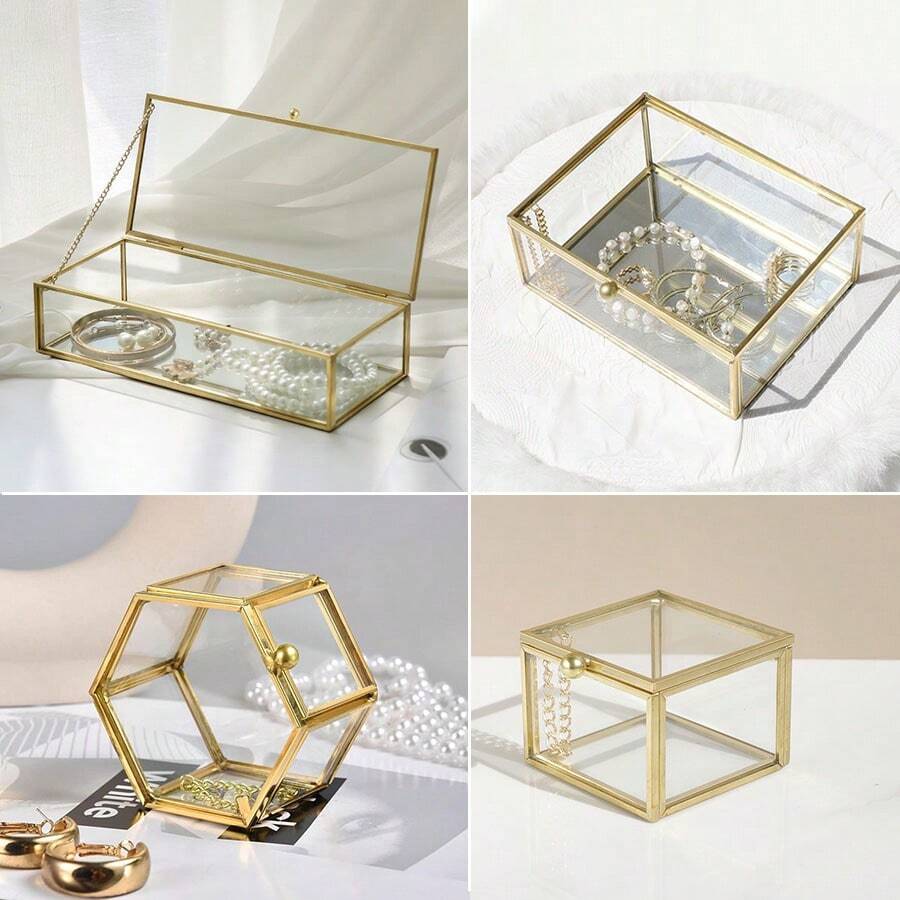 1pc Vintage Glass Jewelry Box, Rectangular Jewelry Display Storage Box With Lid, Vanity Trinket Box For Home Decor, Used To Store Jewelry, Rings, Bracelets, Jewelry Box, Dust-Proof Cosmetics And Accessories Storage Box, Rectangular Design, Glass Jewelry Box For Home Decor