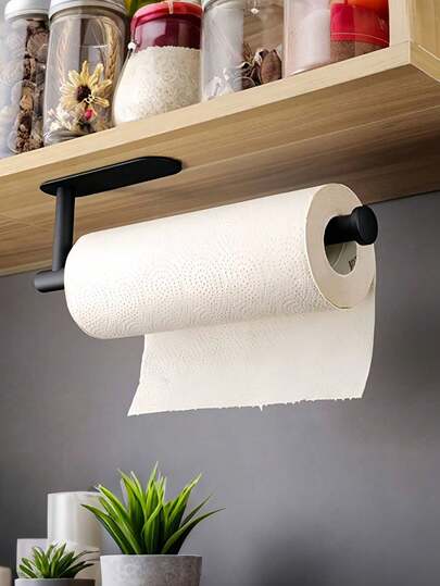 Self-Adhesive Wall-Mounted Black Paper Towel Holder, Easy Installation, Suitable For Kitchen, Bathroom, Cabinet, Sink, Balcony, Etc., Can Also Be Used To Store Cling Film/Paper Towels. European-Style Bathroom Towel Rack, Minimalist Storage Rack, Bathroom Towel Rack, Multi-Function Bathroom Storage Rack, Clothes Hanger.