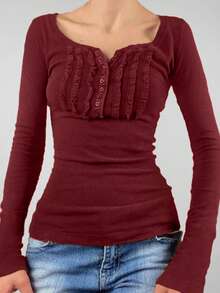 Women's Solid Color Ruffle Autumn Top Long Sleeved Round Neck Slim Fit Top Daily Streetwear - Burgundy - View 1