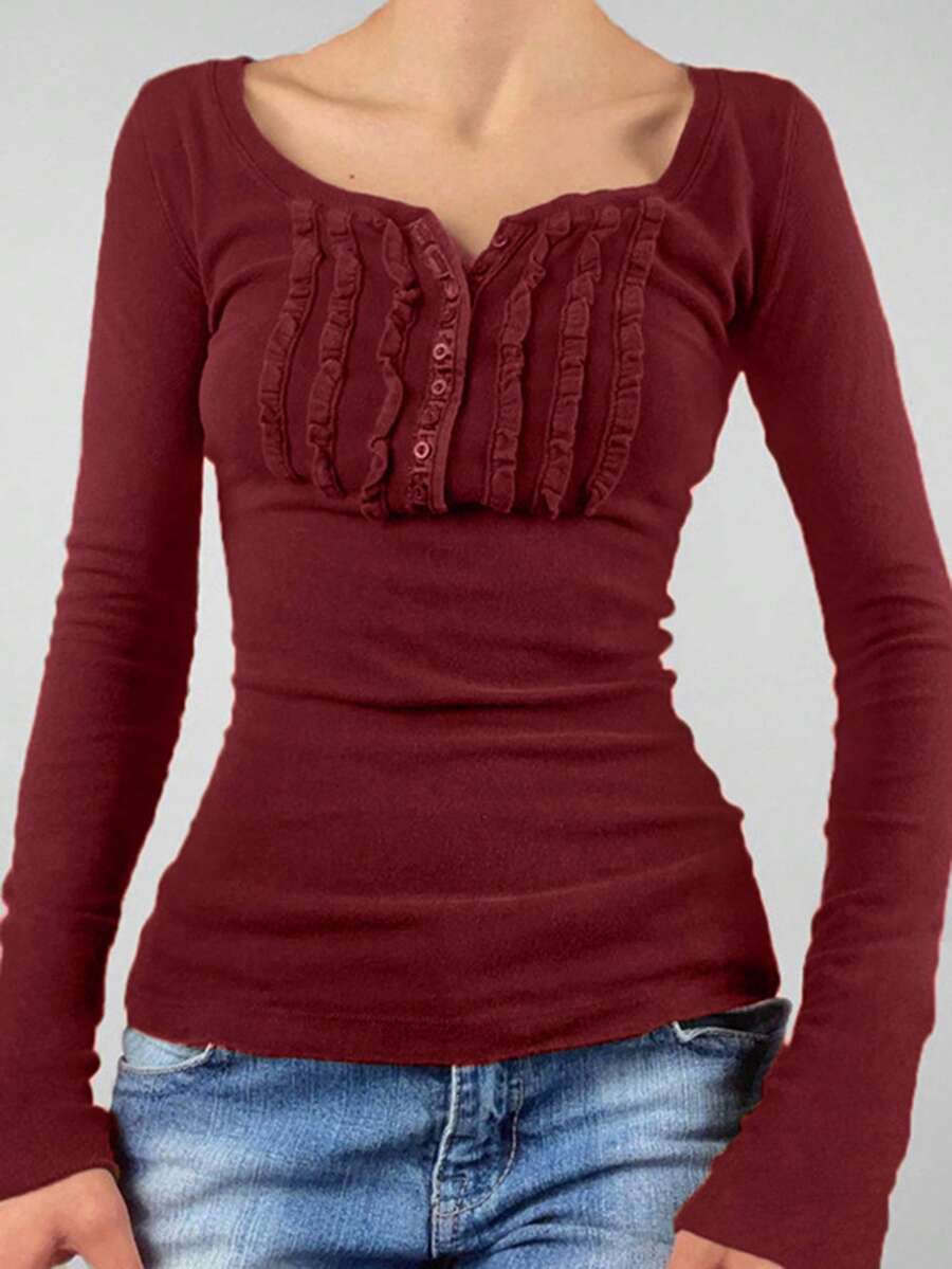 Women's Solid Color Ruffle Autumn Top Long Sleeved Round Neck Slim Fit Top Daily Streetwear - Burgundy - View 1