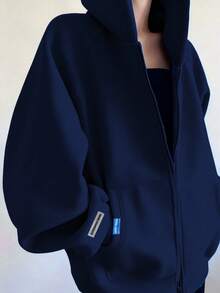 1pc Teen Girls Casual Minimalist Thermal Lined Hoodie Sweatshirt, Warm For Spring, Autumn & Winter - Navy Blue - View 3