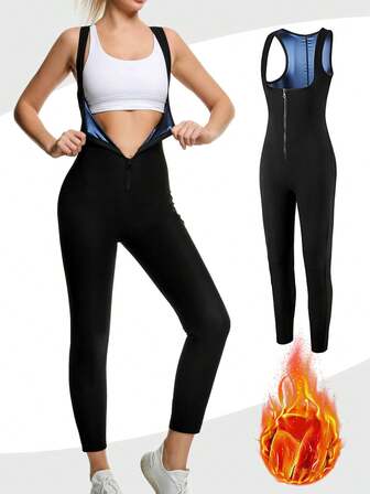 2025 Nuevo Mono de Sauna Fitness de 4 en 1 para Dar Forma, Conjunto Exclusivo de Yoga Sauna para Pérdida de Peso de Mujeres: Mono Minimalista de unicolor con Cintura Alta y Espalda Descubierta para Dar Forma, Mono de Sauna con Soporte Fijo para el Busto y Diseño con Cremallera, Emparejado con Cinturón de Cintura Recubierto de PU, Silueta de Entrenamiento talla grande Prominente, Adecuado para Fitness, Correr, Ejercicio y Otros Escenarios