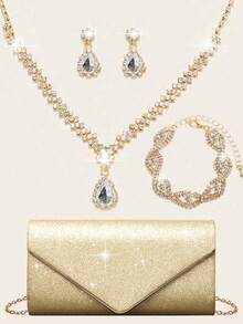 Rhinestone Jewelry Shiny Necklace Earrings Bracelet Set Elegant V-Shaped Flap Glitter Envelope Clutch Glitter Banquet Handbag Bridal Wedding Ladies Bridal Evening Bag Prom Shiny With Detachable Chain Wedding & Party Shoulder Bags Women's Wallet Glittering Party Ladies Handheld Evening Metal Chain Bag Tote Bag Cocktail Party Wedding New Banquet Bag