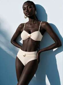 Conjunto de bikini acanalado elegante de concha para mujer, atuendo de alta gama para vacaciones de verano - Beis - Ver 3