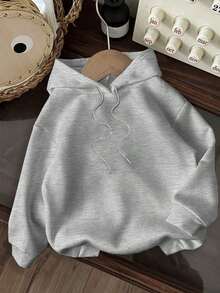 Sudadera con capucha de ajuste holgado, forrada térmicamente, con estampado gráfico minimalista de Los Ángeles, adecuada para otoño/invierno. - Gris Claro - Ver 2