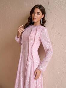 French Vintage Luxurious Sequins Embroidered Mesh Ruffle Trim Fitted Stylish Young Women Dress