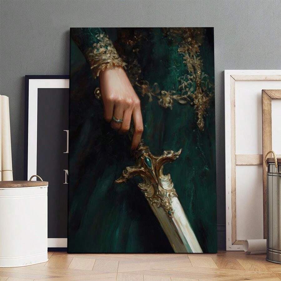 1pc Framed Canvas Wall Art Poster Prints, Emerald Queens Sword Wall Art, Moody Dark Academia Art Canvas Print Painting For Living Room Bedroom Office Bathroom Dorm Home Decor, Ready To Hang - 彩色 - 查看 1