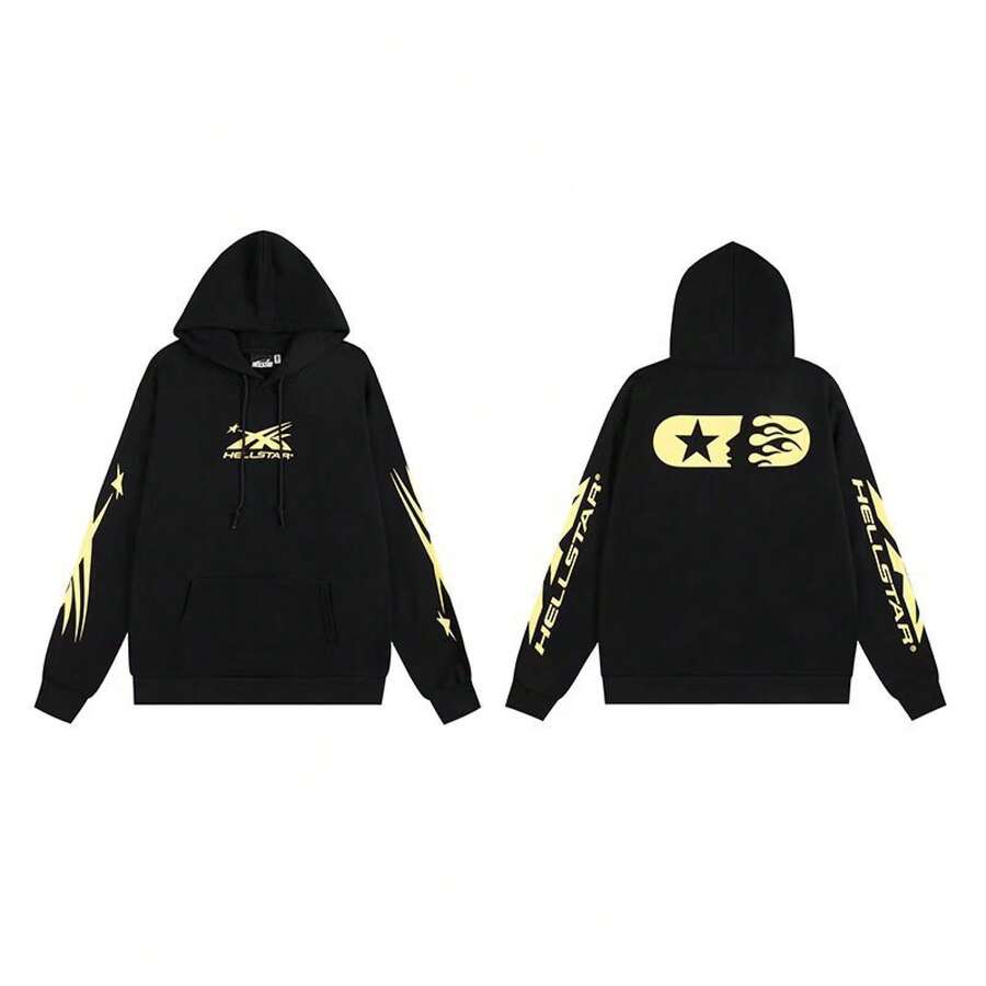 Hoodie, Retro Letter Print Hoodie, Men's Streetwear Long-Sleeve Hooded Sweatshirt, Couple Matching Outfit Sweatshirts - H520黑黃 - 查看 1