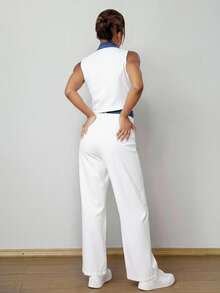 Conjunto bohemio de dos piezas para mujer, blusa sin mangas con cuello, botones y pantalones anchos de largo regular. - Blanco - Ver 3