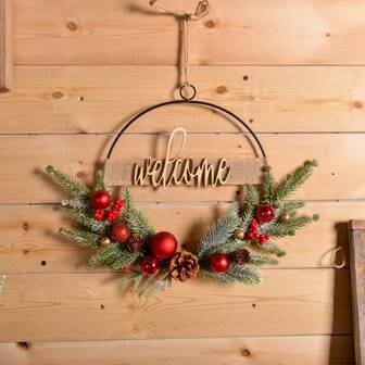 1pc Christmas Wreath, Artificial Pine Needle & Berry Wreath With Welcome Sign, Suitable For Front Door, Wall, Fireplace Mantel, Window And Porch Decor Christmas Decorations Home Christmas Gifts Christmas Decor