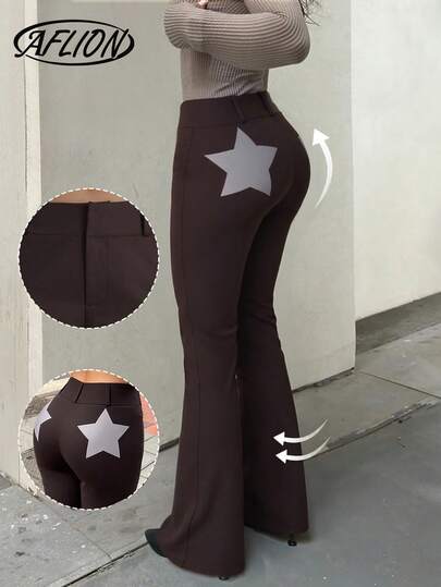 Pantalones acampanados de cintura alta de unicolor con estampado de estrella para mujer, pantalones vaqueros retro de moda casual personalizados para citas, reuniones, negocios, conciertos, actividades al aire libre, otoño/invierno