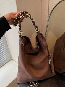 New Solid Color PU Large Capacity Special Metal Chain Hanging Pouch, Soft Fabric, Foldable, Handbag Tote Bag Suitable For Travel, Shopping, Dating, Women's Gift, Suitable For Teenage Girls, College Students, Beginners And White-Collar Workers, Ideal For Office, School, Work, Business, Commuting, Outdoor, Travel, Picnic