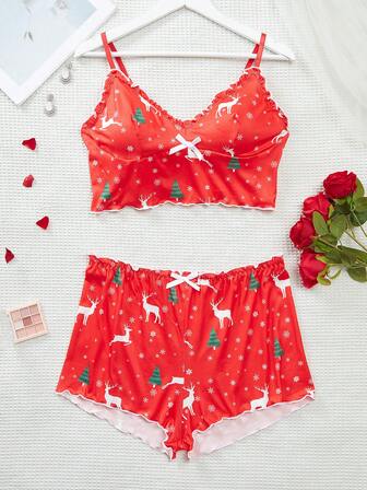 2pcs Plus Size Women Christmas Snowflake, Christmas Tree, Reindeer Print Camisole Top And Shorts Pajama Set