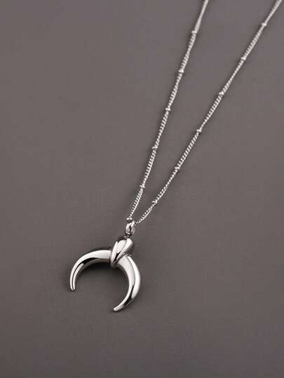 1pc Fashionable Stainless Steel Silver Geometric Moon Pendant Necklace, Men's Everyday Accessory