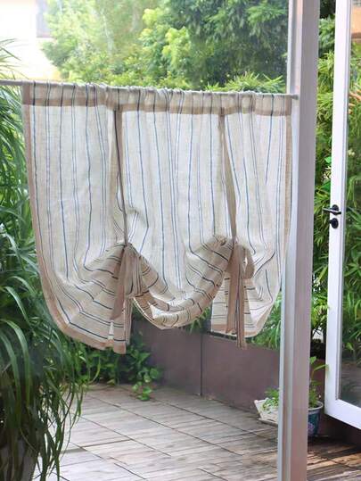 1pc Blue Vertical Striped Japanese Style Sheer Curtain, Tie Up Door Curtain, Room Divider, Short Curtain